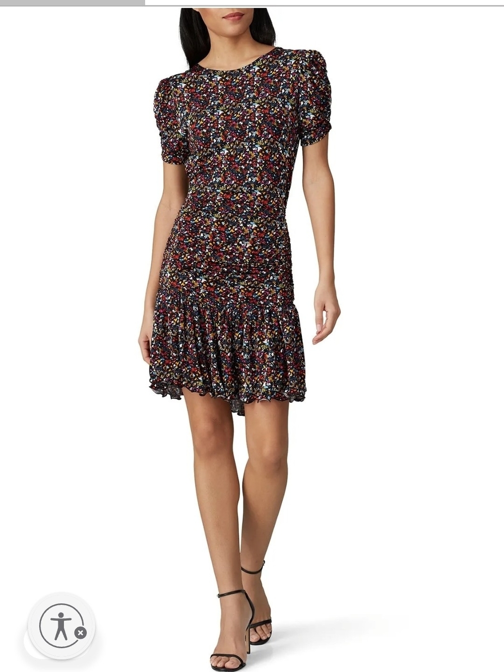 Tanya Taylor Black Multi Floral Puff-Sleeve Midi Dress with Fluted Hem Size M